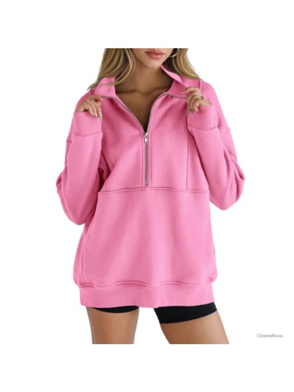 Women's Half Zip Fleece Sweatshirt Oversized Pullover with Thumb Holes